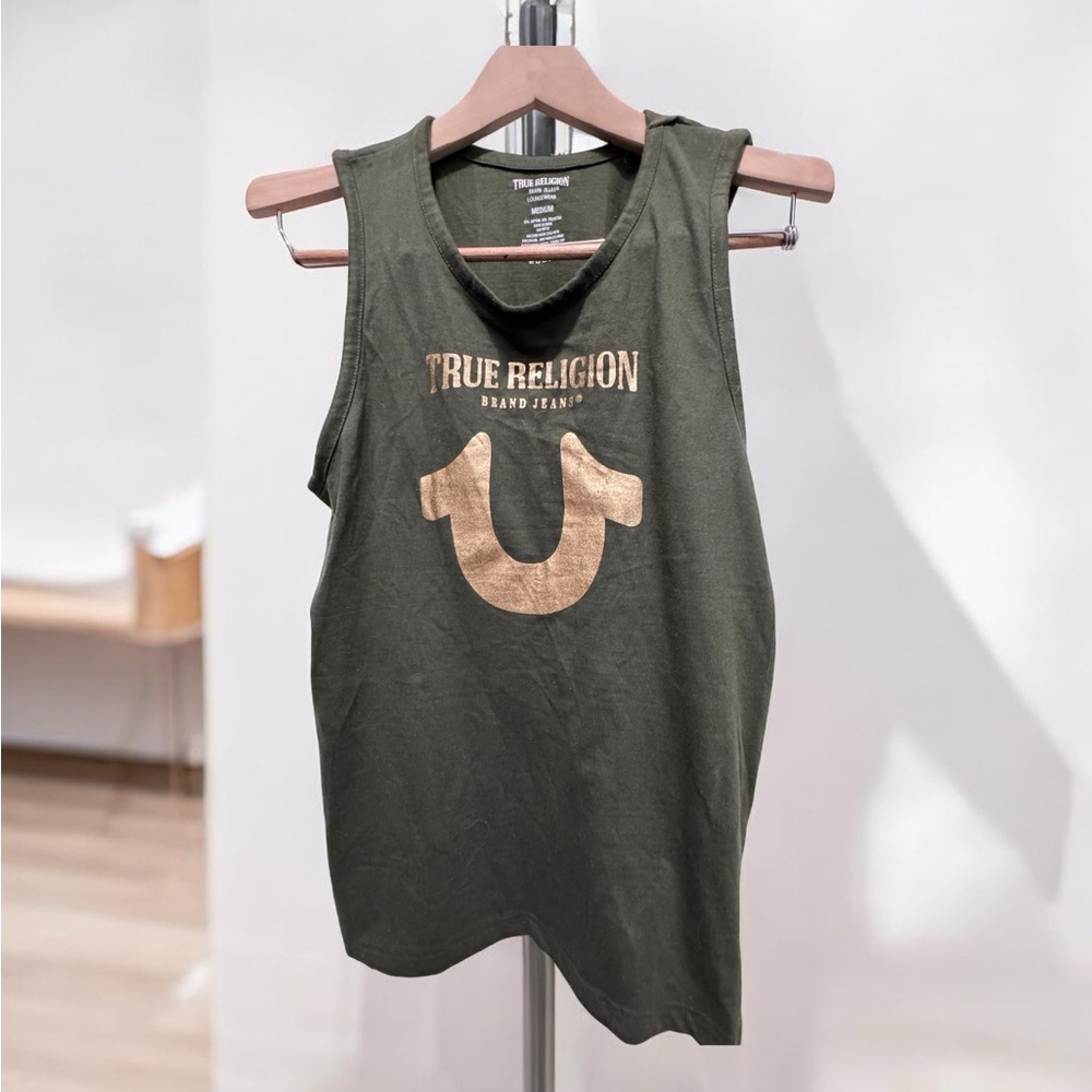 True Religion Dark Green Muscle Tee with Gold Logo size medium